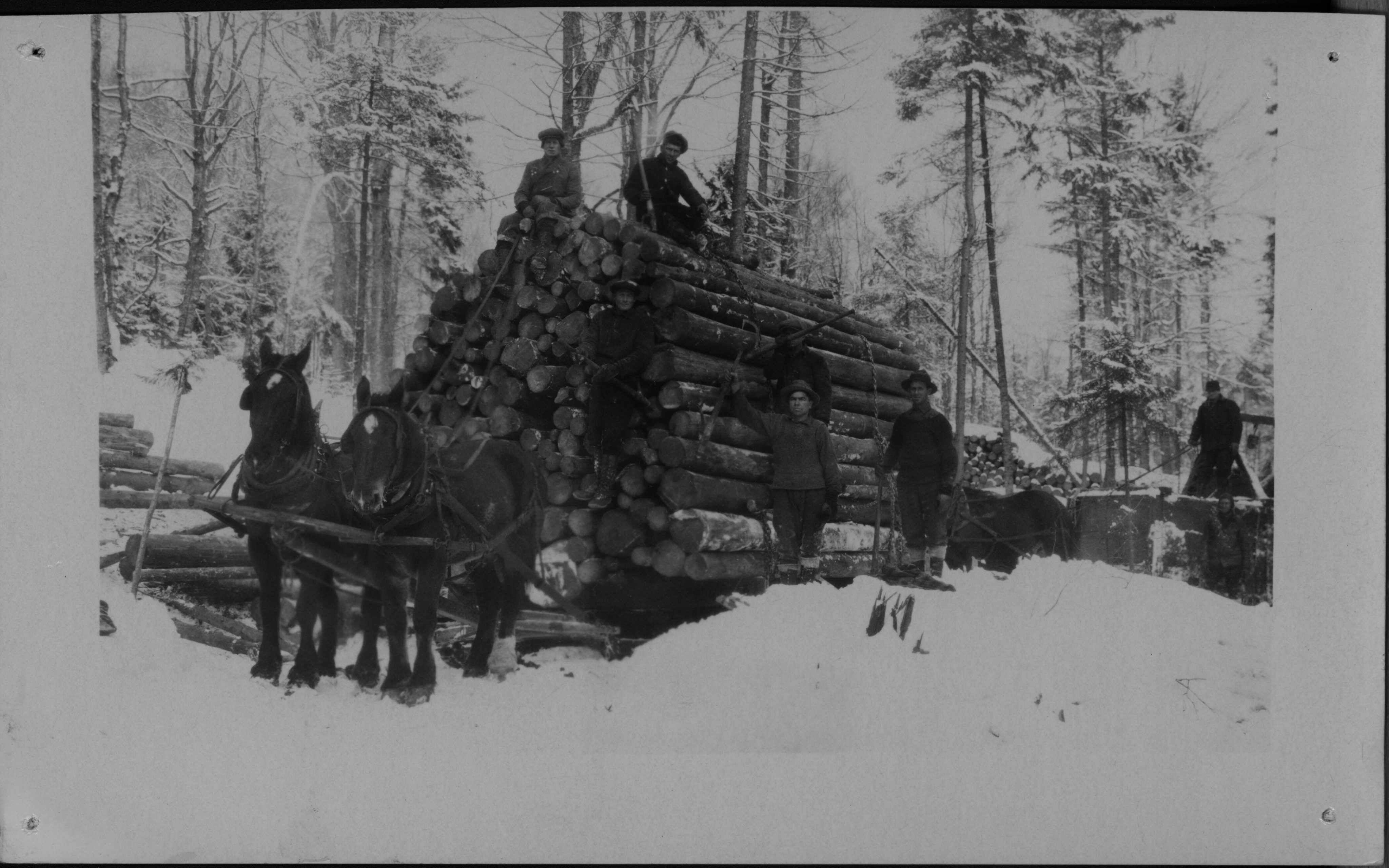 A logging crew pose with a large load of logs in Tupper Lake