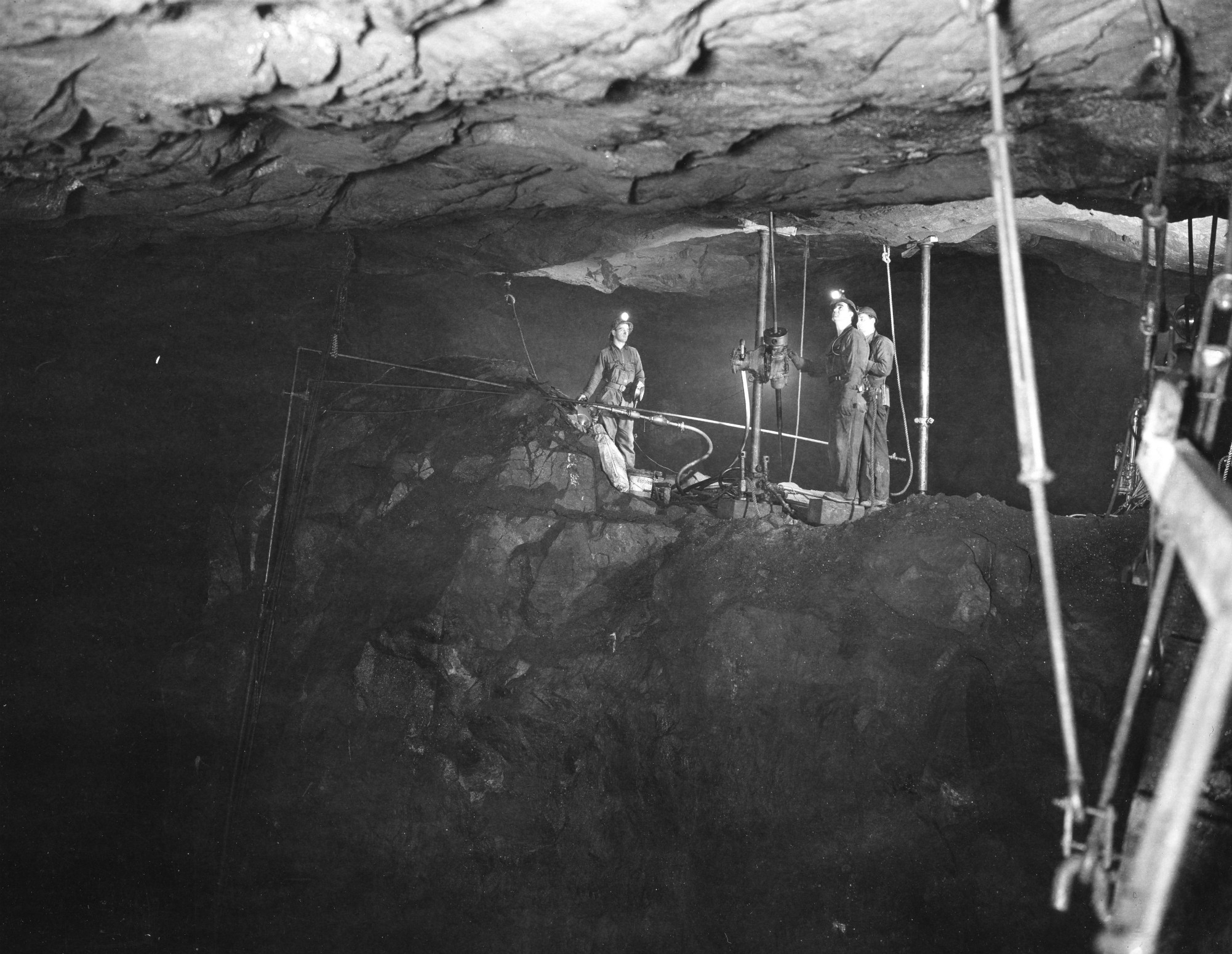 Drilling on a high pillar in Republic Steel mines at Mineville