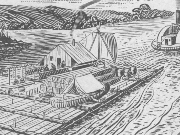 Sketch of lumber rafts bringing lumber to Carthage