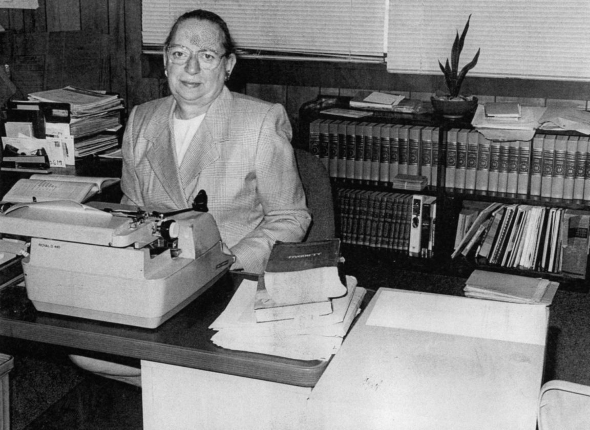 Donna Hansen at her desk in the Carthage Republican Tribune in Carthage